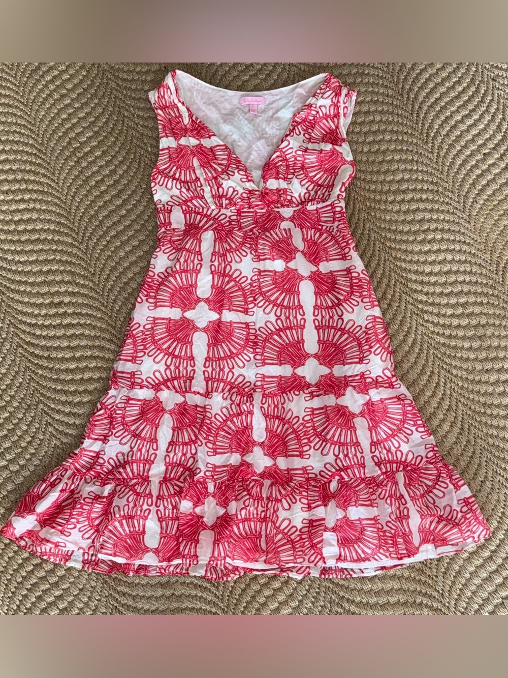 Lilly Pulitzer 4 Bright Red White Patterned Sleeveless Tiered Dress Side Zip